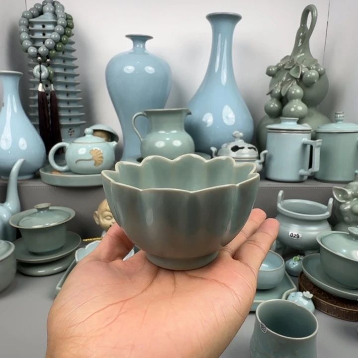 摆件汝瓷莲花杯支钉烧仿古釉
