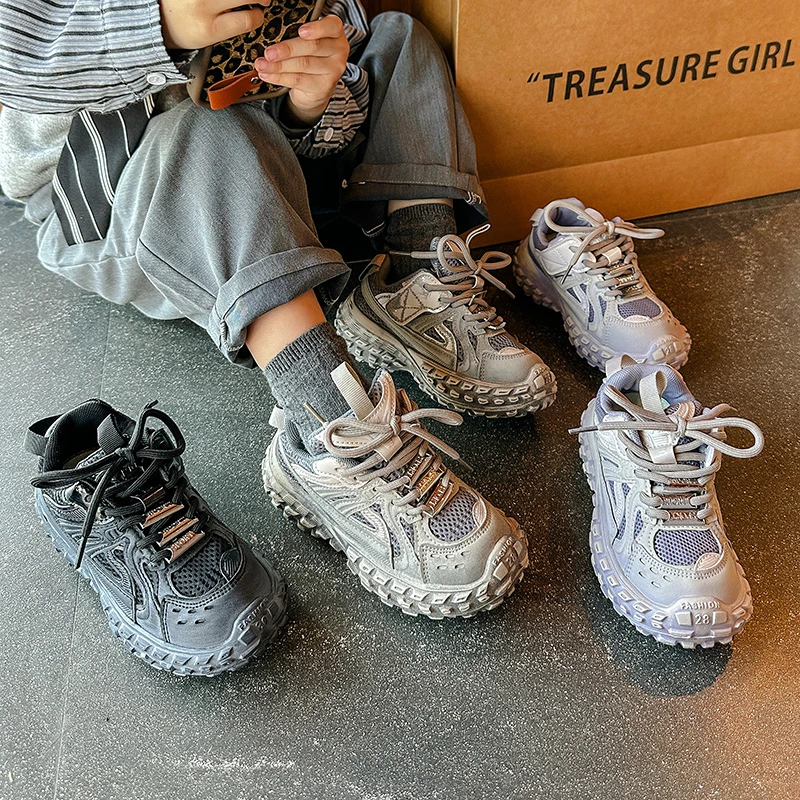男童鞋复古擦色防滑轮胎底运动鞋2025春季新款女童鞋中大童老爹鞋