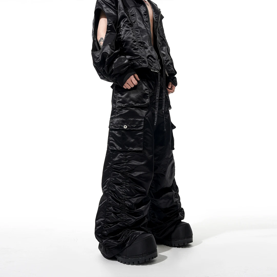 STARTEXCEEDEND 解构机甲黑色休闲裤男春季尼龙抽褶多口袋阔腿裤