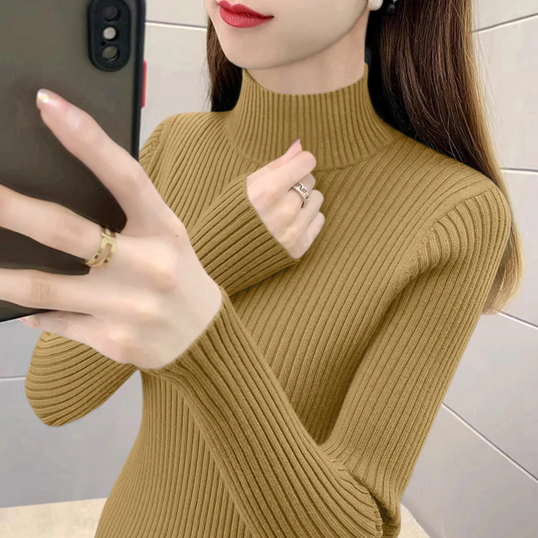 2025秋季新款加厚款半高领毛衣单穿上衣芥黄色修身显瘦长袖针织衫