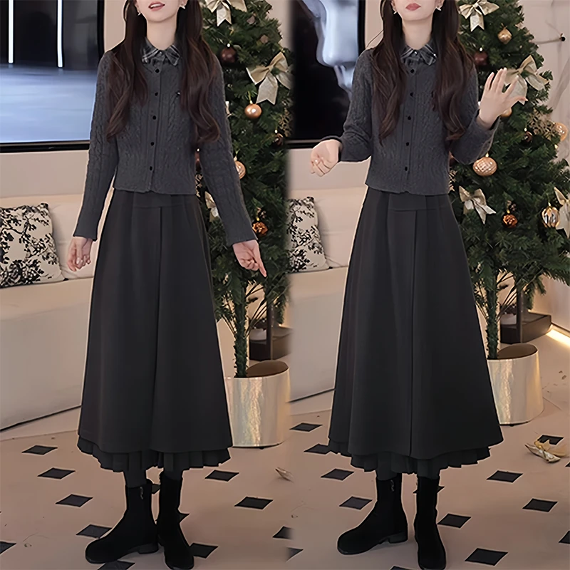 自然柔雅风格绞花针织两件套2026冬季新款大摆双层裙休闲青春温柔