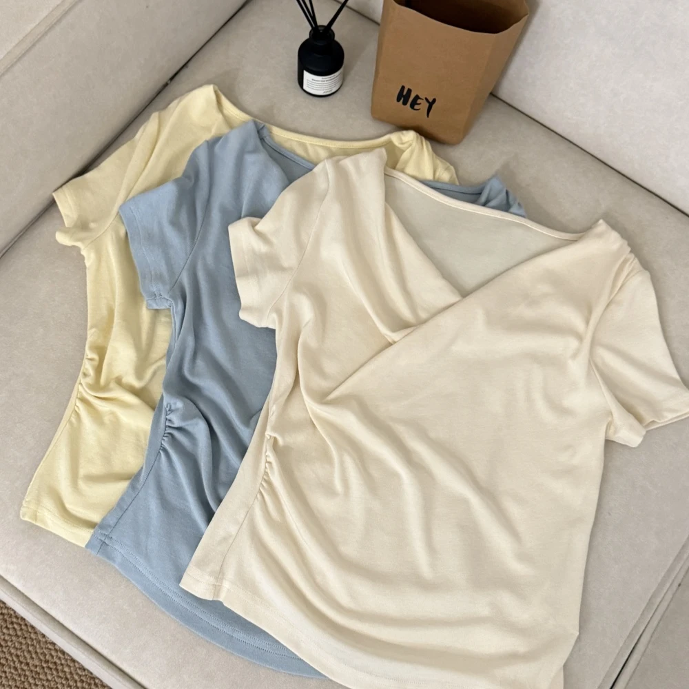大妍小个子夏季韩系简约纯色百搭设计感短袖T恤8863