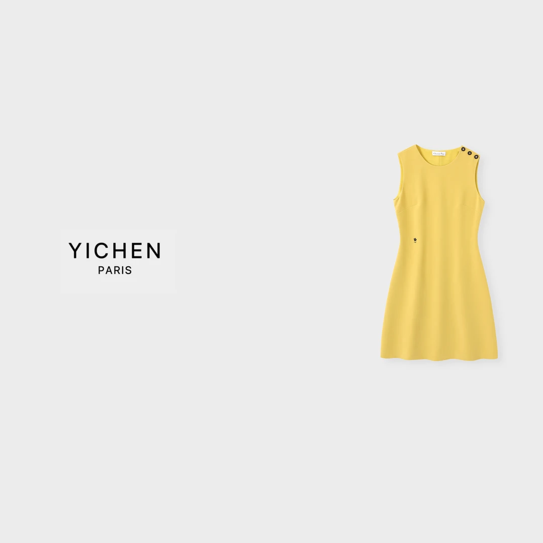 YC 姜黄色肩扣装饰圆领无袖A字连衣裙-5016