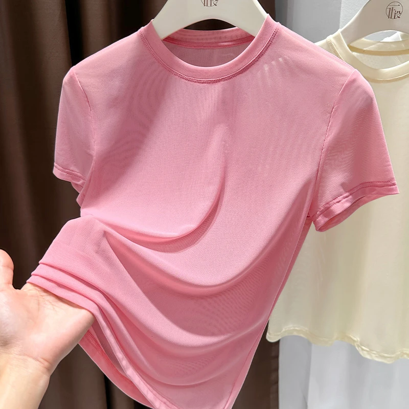 粉色网纱短袖t恤女薄款冰丝圆领修身显瘦正肩上衣性感透视打底衫