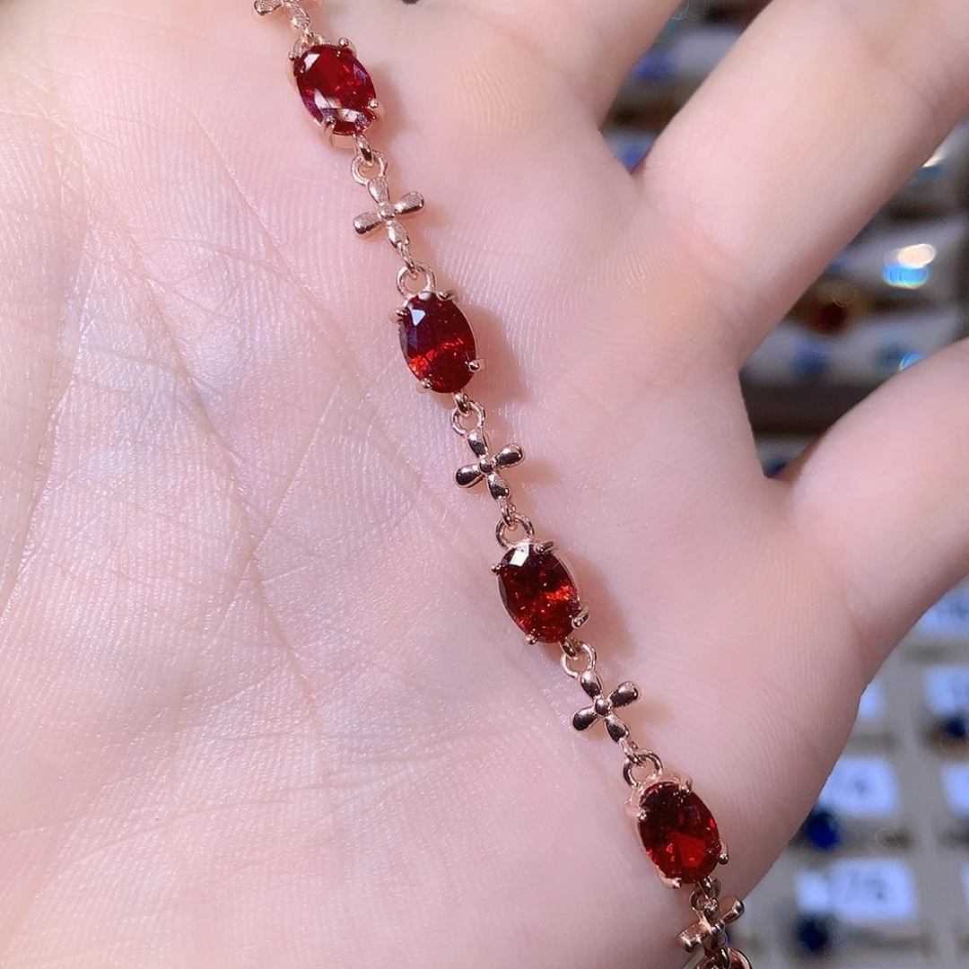 银S925镶嵌手链石榴石玫瑰金