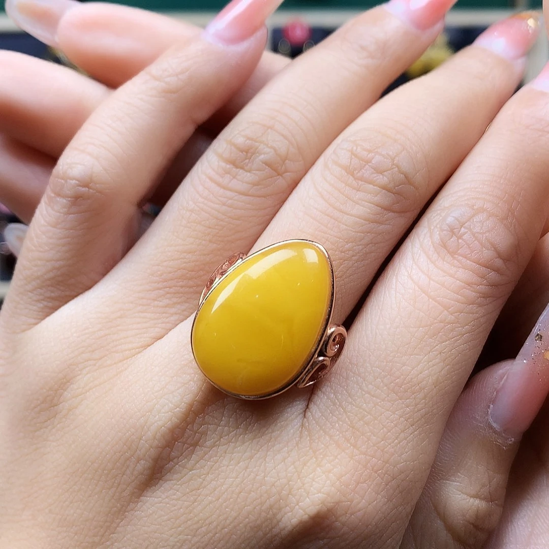 蜜蜡戒指银S925镶嵌戒指