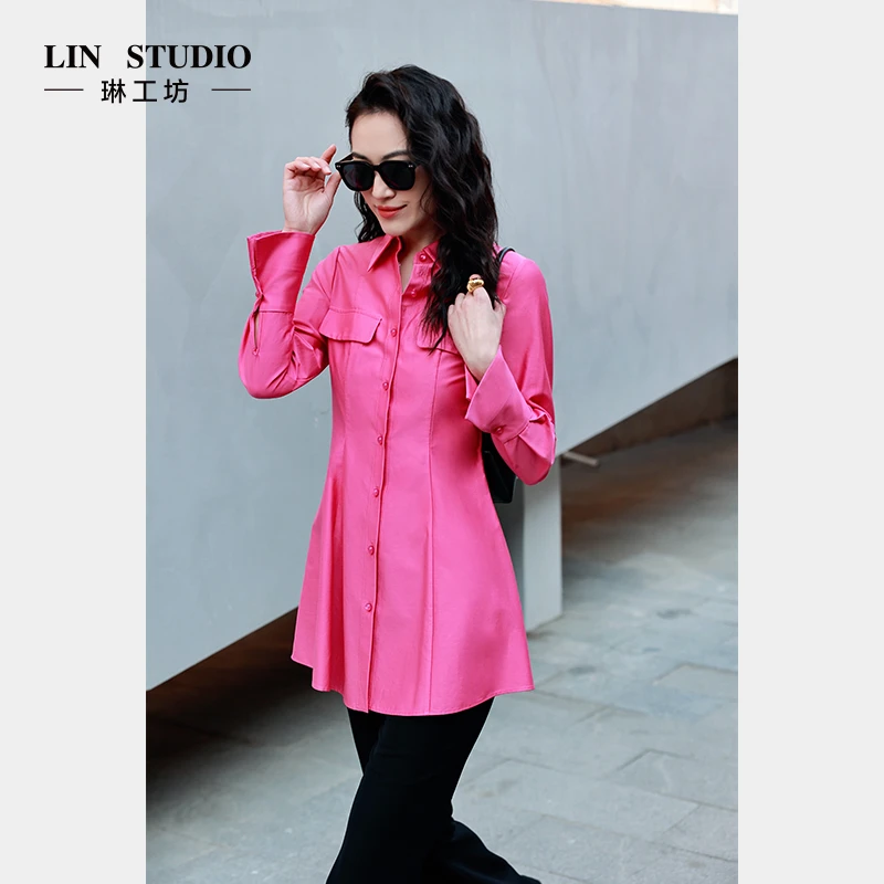 【棉】琳工坊“深院”玫红色衬衫时尚气质优雅干练大气显瘦唐琳设计师