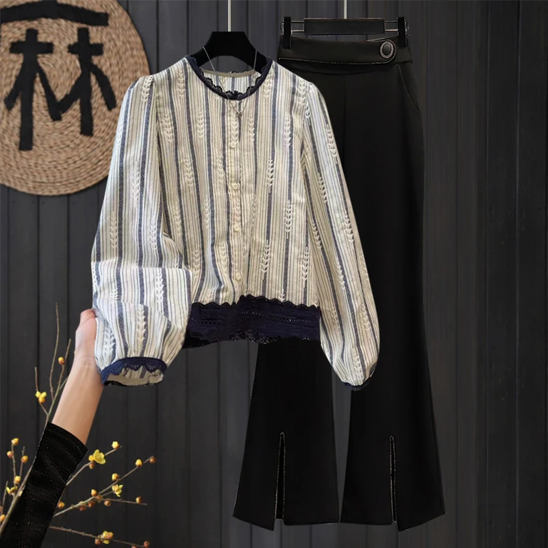 高级感洋气亚麻蕾丝花边衬衫套装女秋季时尚气质显瘦微喇裤两件套