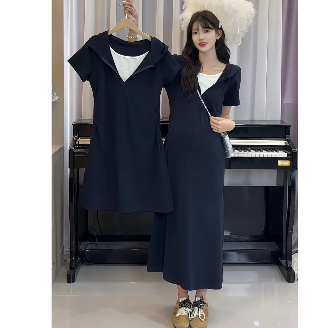 「圈圈优选」2025新款夏季假两件慵懒收褶连帽孕妇连衣裙独特漂亮女