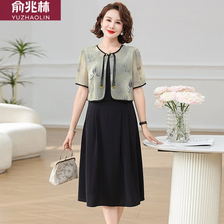 新中式妈妈夏装连衣裙2025夏秋季洋气国风雪纺中老年假两件中长裙