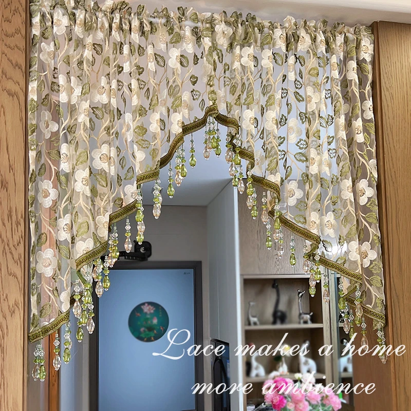 重工吊珠纱帘免打孔门帘蕾丝刺绣氛围感半截拱形帘钉珠卧室遮挡帘
