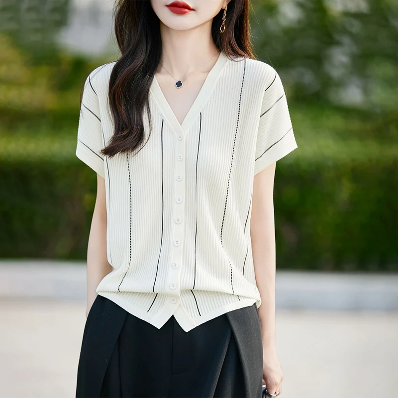 新款女士拼色洋气上衣开衫女夏季宽松竖纹上衣V领针织衫短袖