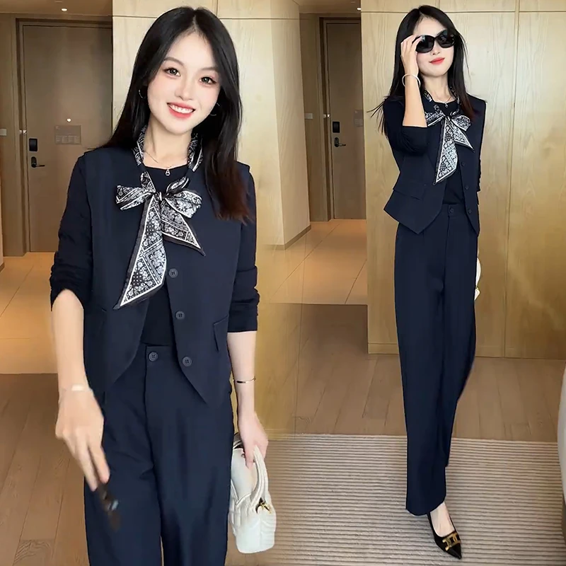 时尚洋气套装女2025秋季新款时髦气质马甲打底衫直筒裤减龄三件套
