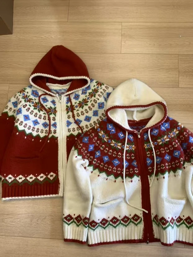 2024新款费尔岛提花连帽毛衣开衫秋冬宽松复古慵懒加厚针织外套