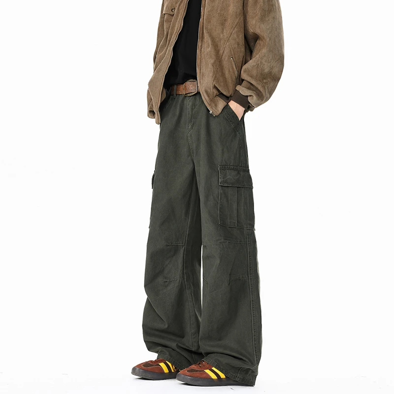 美式复古洗褪baggy褶皱阔腿工装裤男女直筒宽松休闲拖地裤子