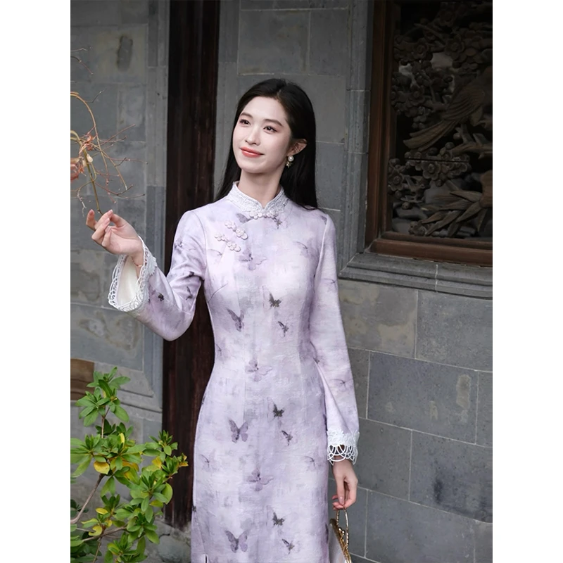 凌茜【如愿】新中式浅紫色优雅显瘦复古春秋季女款蝴蝶旗袍连衣裙