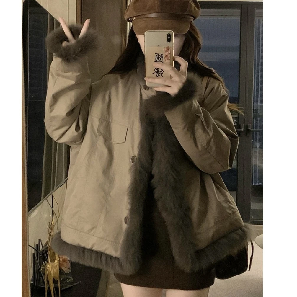 专柜正品真兔毛狐狸毛双面穿落肩长袖立领短外套冬季皮毛上衣A034