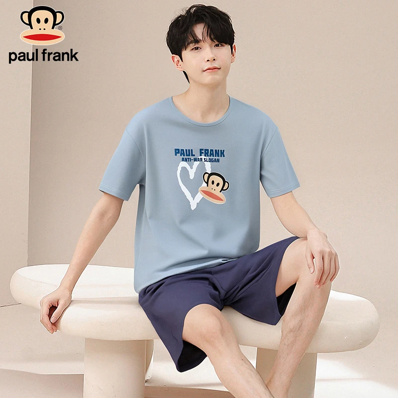 大嘴猴夏天新款短袖短裤男士睡衣全棉薄款休闲简约风家居服套装夏