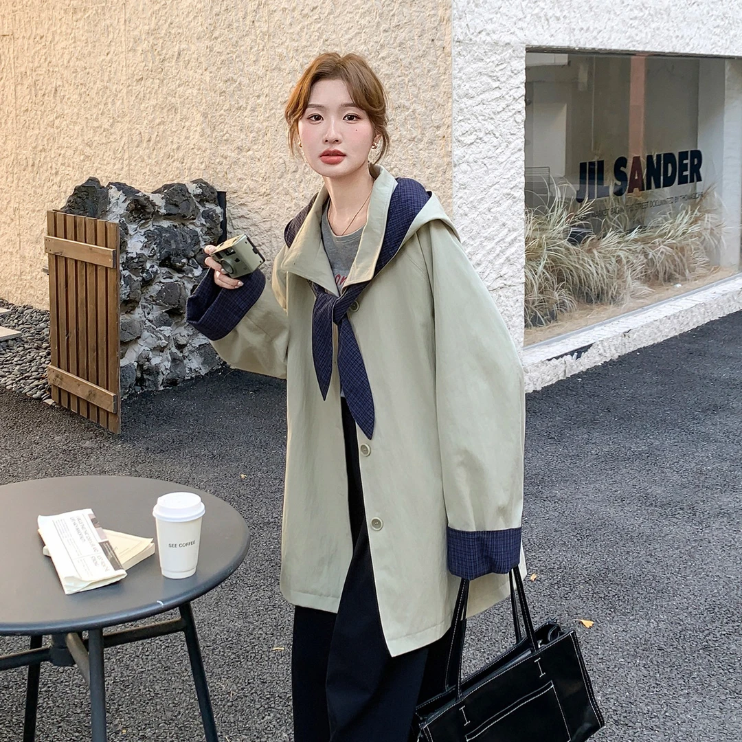 2025秋季新款韩系减龄撞色格子翻边立领连帽风衣外套女中款上衣