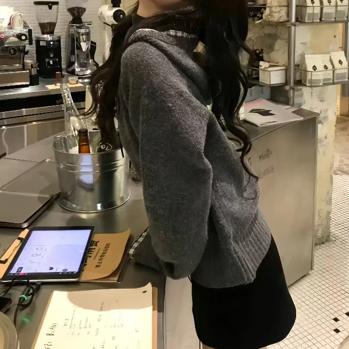 灰色连帽拉链外套女冬季新款宽松慵懒风小个子拼接假两件开衫上衣