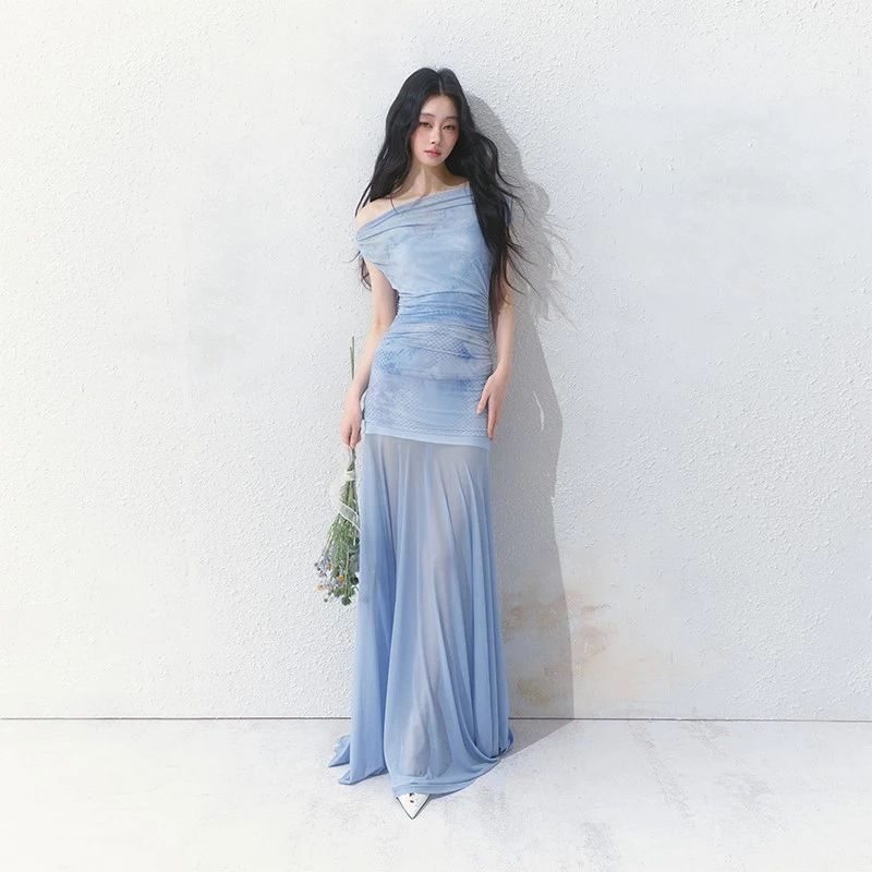 SALTHe盐茶【蓝调布鲁斯】原创法式斜肩氛围感微透a字薄纱连衣裙