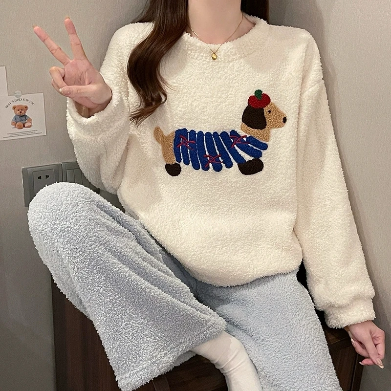 半边绒睡衣女秋冬季2025新款可外穿网红珊瑚绒加厚加绒家居服套装