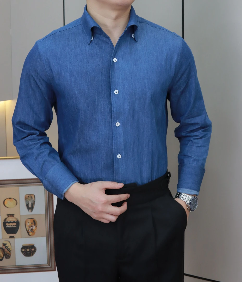 简约蓝色牛仔修身休闲长袖衬衫上衣衬衣男士男款春季薄款意式百搭