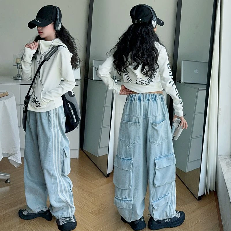 美式复古印花连帽开衫卫衣女童2025春秋拉链百搭上衣多口袋牛仔裤