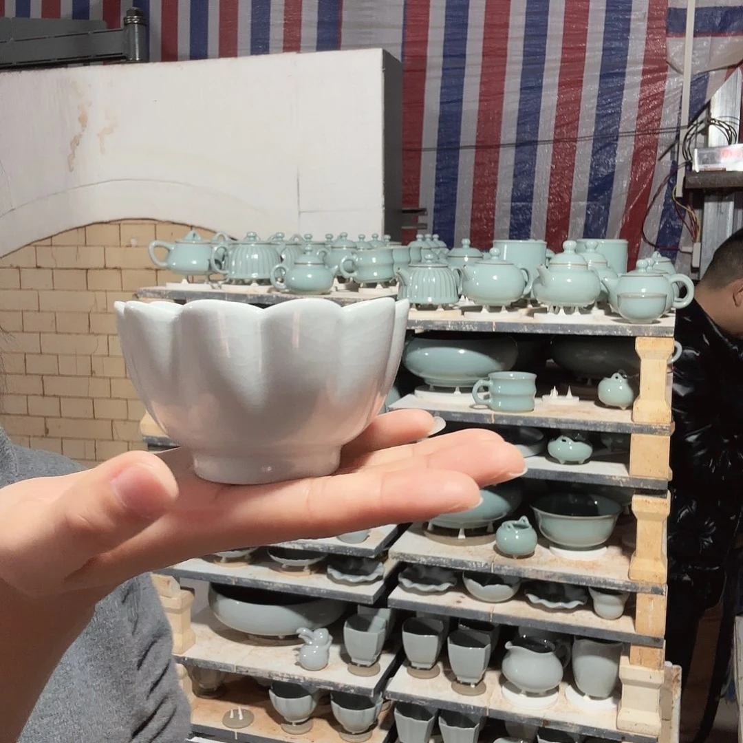 陶摆件汝瓷莲花杯支钉烧仿古月白釉微瑕