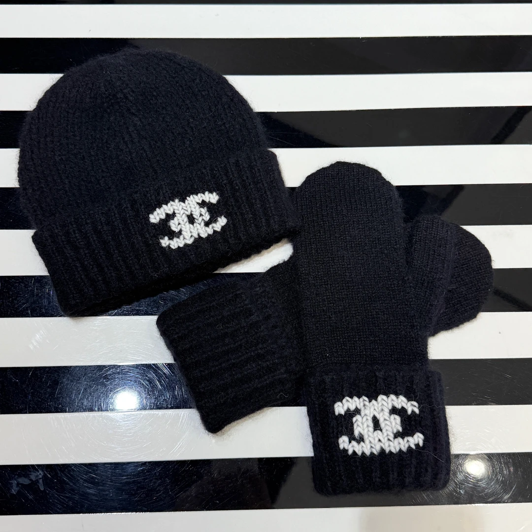未使用 Chanel/香奈儿 黑白双C logo提花羊绒冷帽 手套