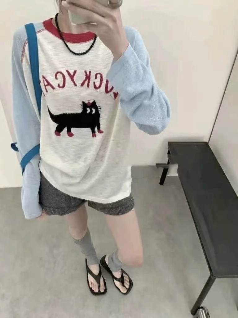 [岚岚专属] 撞色插肩袖猫咪字母防晒长袖t恤女夏宽松显瘦百搭上衣