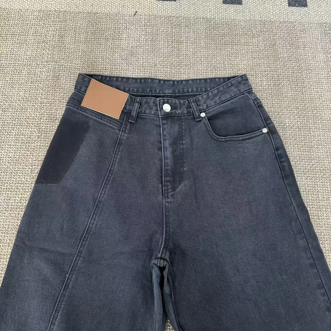 早秋新款重工牛仔裤黑灰色阔腿裤宽松显瘦高腰直筒拖地裤25092340