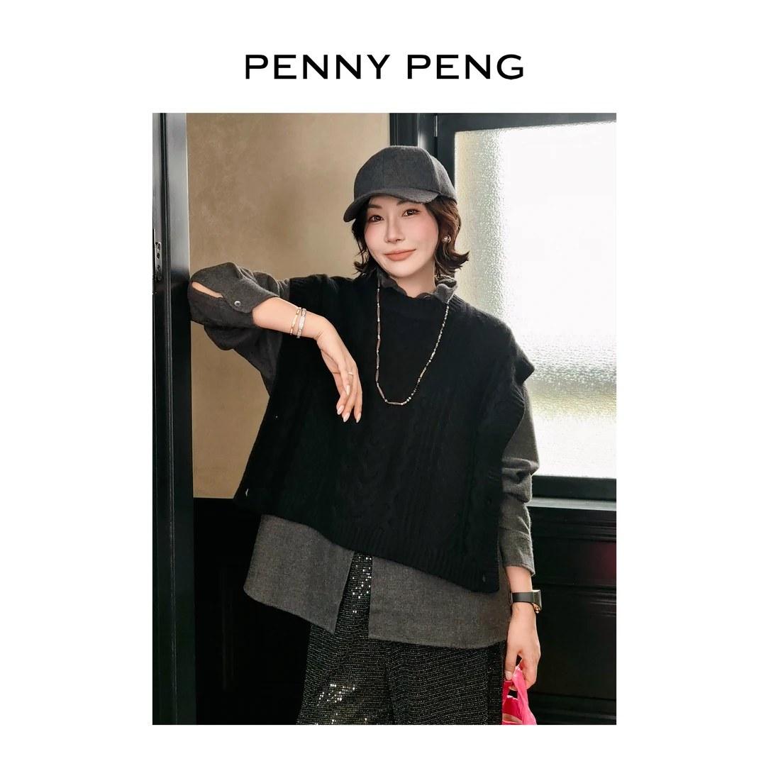 PENNYPENG 手工复古感 黑色绞花羊毛背心贵气千金风无袖圆领上衣