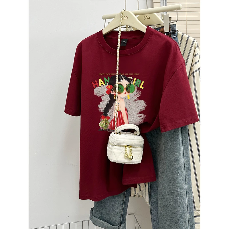 纯棉酒红色短袖T恤女装春夏2025年新款韩版宽松卡通印花半袖上衣