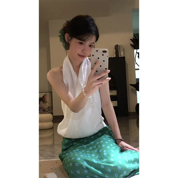 法式高级感针织拼接挂脖吊带上衣女夏季新款白色吊带+裙子套装