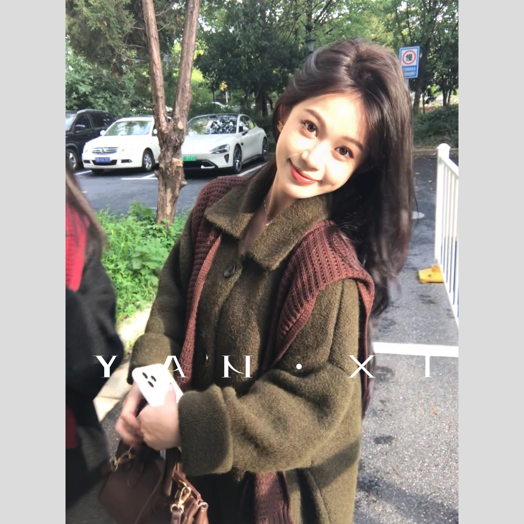 言希】外套假两件印花宽松螺纹下摆秋冬加厚毛呢外套YXQ5MY5904