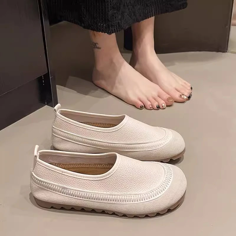 复古拼色皮鞋女豆豆鞋软底软面一脚蹬浅口套脚懒人鞋圆头手工女鞋