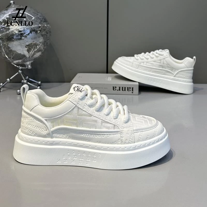 Tunllo轻奢简约轻便网面透气小白鞋男厚底舒适百搭系带休闲板鞋男