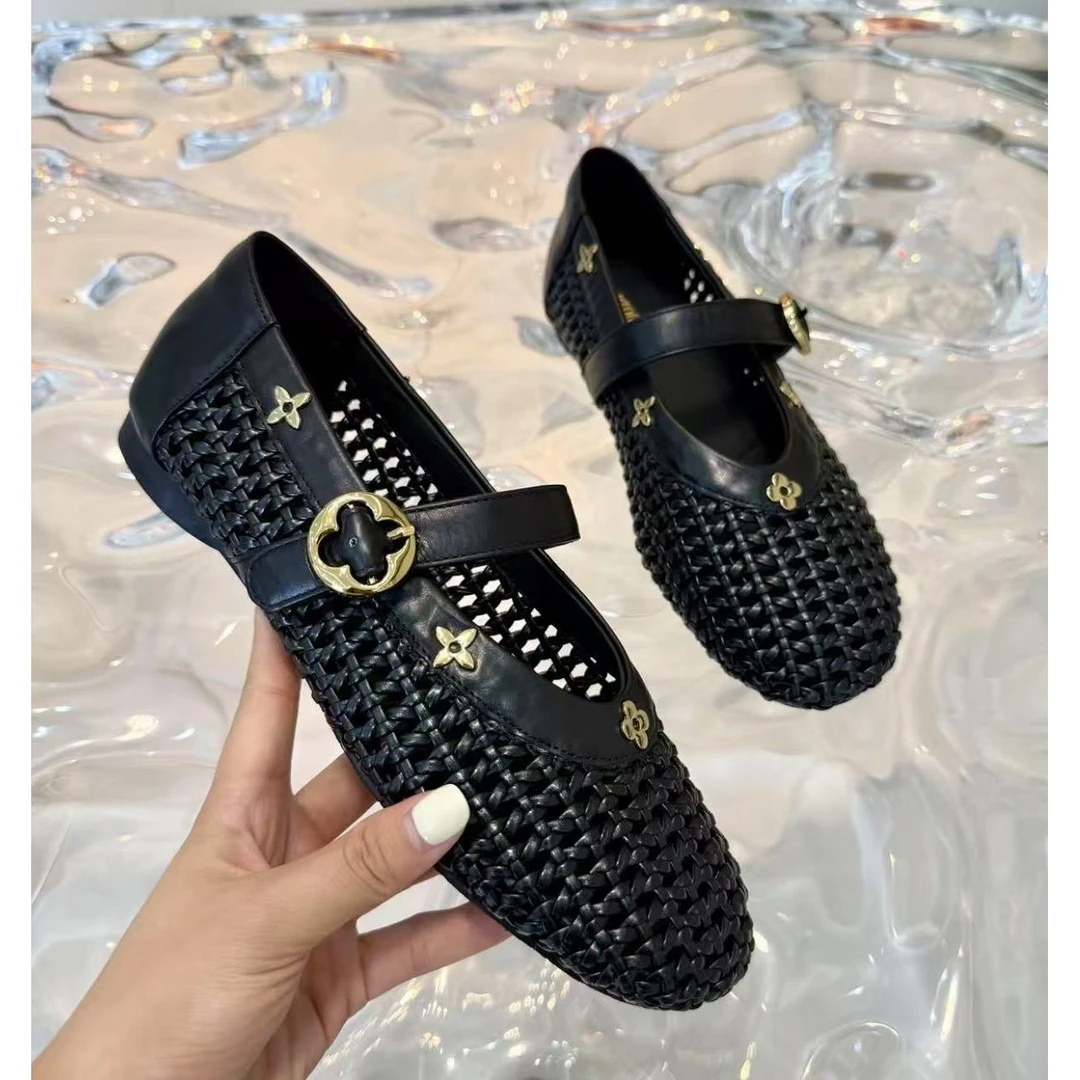 广州轻奢/夏季透气黑色镂空平底小单鞋29010