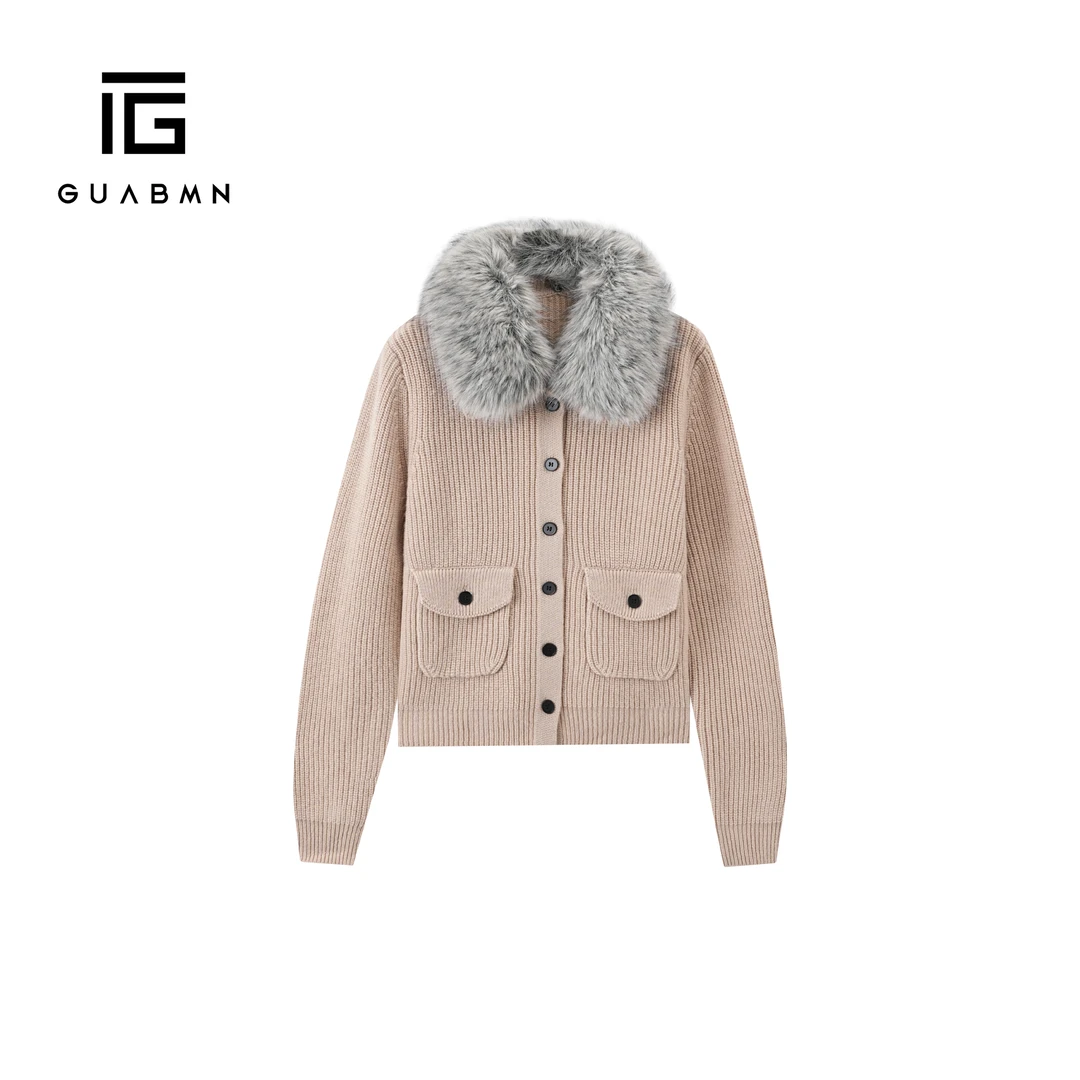 GUABMN2025冬季新款可拆卸毛领针织开衫宽松长袖毛衣6012