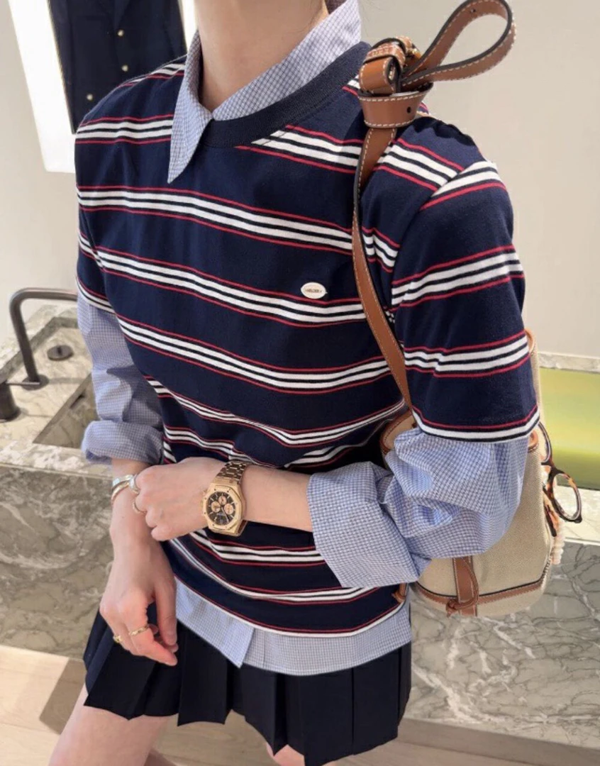 元气减龄韩国东大门春夏简约小标复古条纹短袖T恤