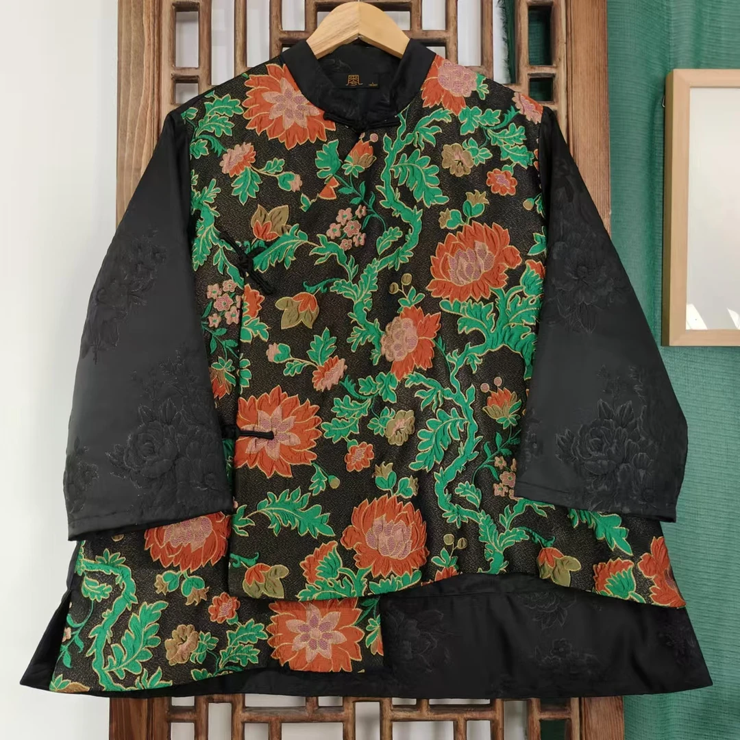 凤徕兮私人定制黑底绿红花AB面斜盘扣不规则上衣（HY1093-1）