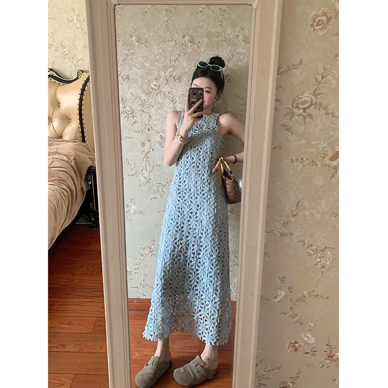 洋气衣服女镂空显瘦无袖裙子夏季2025新款法式小众简约宽松连衣裙