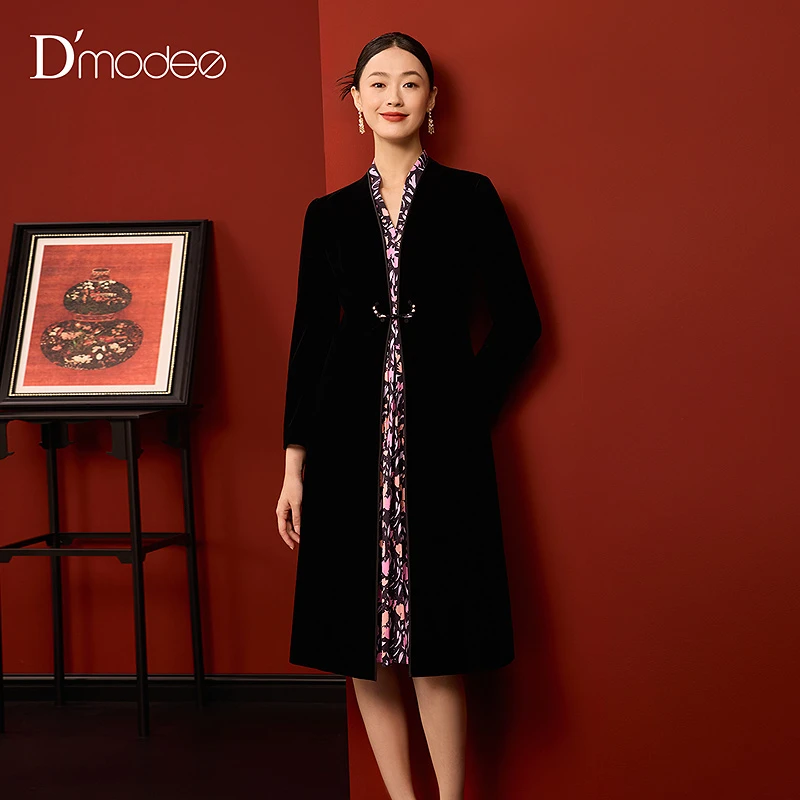 【商场同款】黛玛诗高贵典雅国风连衣裙女宴会礼服丝绒假两件裙子