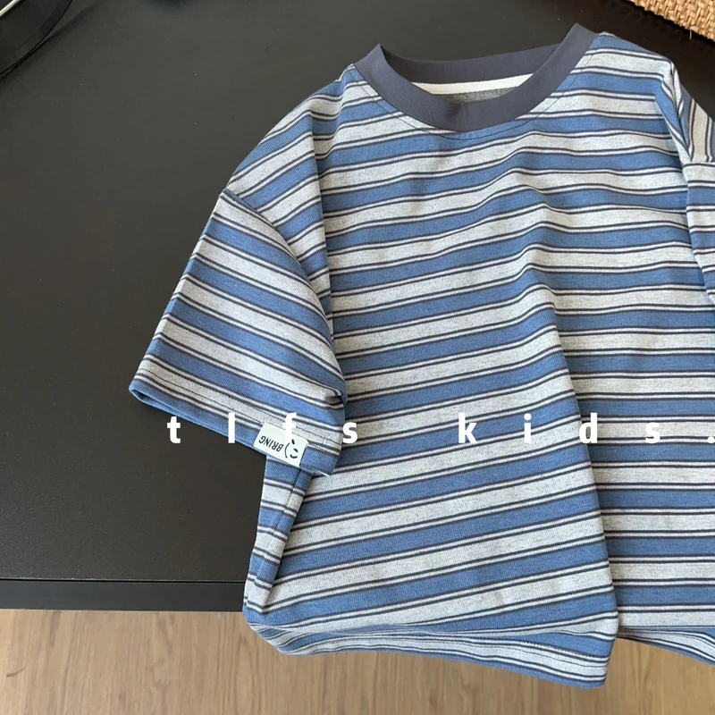 童例「25181蓝条纹圆领短T恤」夏季透气休闲亲肤男童女童短袖百搭潮