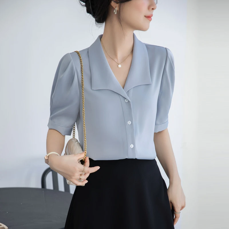 夏季新款职业装短袖修身女士衬衫蓝色白色公务员面试职场外套
