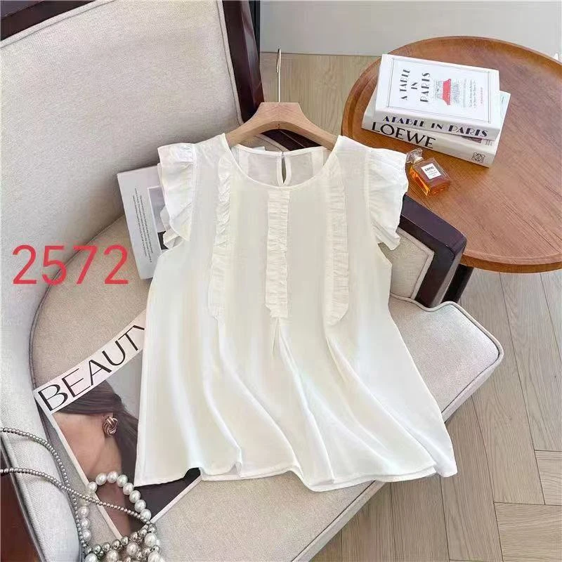 大码女装-2572夏季新款韩版木耳边T恤衬衫高级感飞飞袖上衣