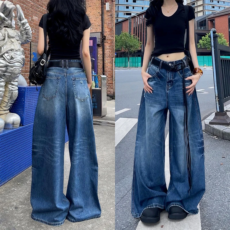 65529洗水渐变蓝色牛仔裤2025年夏季新款宽松直筒百搭腰带长裤女