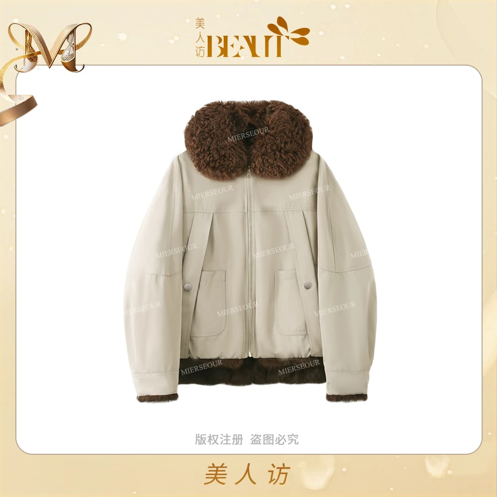 美人访【城市巡游】”卷卷羊毛领“巴恩风兔毛两面穿皮草外套12609