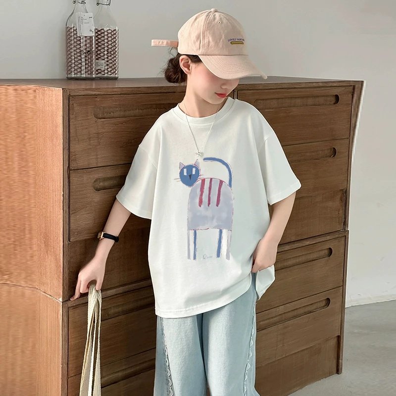 女童短袖T恤夏季宽松2025新款儿童卡通印花吸汗透气百搭童装上衣